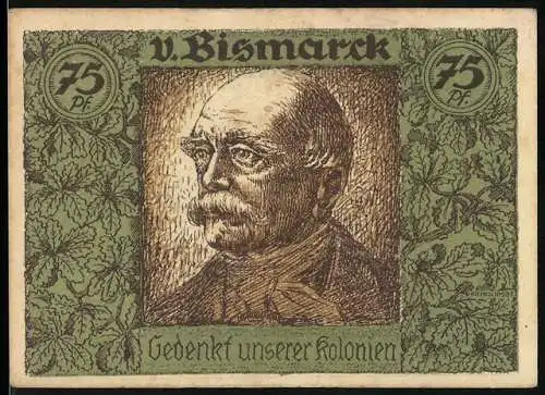 Notgeld Berlin 1921, 75 Pf, v. Bismarck Porträt und Afrika-Karte, Deutsch-Hanseatischer Kolonial-Gedenktag