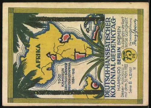 Notgeld Berlin 1921, 75 Pf, v. Bismarck Porträt und Afrika-Karte, Deutsch-Hanseatischer Kolonial-Gedenktag