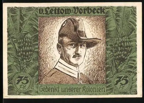 Notgeld Berlin 1922, 75 Pf, v. Lettow-Vorbeck und Kolonialkarte Afrikas