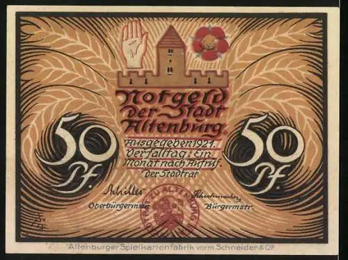 Notgeld Altenburg / S.-A. 1921, 50 Pf, Hormetjungfern im Festkleid und Stadtwappen, Altenburger Bauern, Trachten