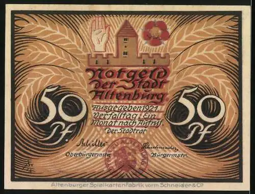 Notgeld Altenburg / S.-A. 1921, 50 Pf, Altenburger Bauern, drei Männer vor Getreidehintergrund