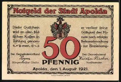 Notgeld Apolda, 1921, 50 Pfennig, Stadtansicht und Wappen, August 1921