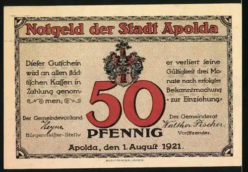 Notgeld Apolda, 1921, 50 Pfennig, Hundemarkt und Stadtwappen