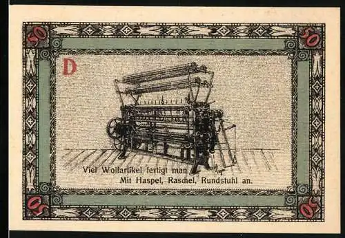 Notgeld Apolda, 1921, 50 Pfennig, Text mit Webstuhl und Stadtwappen