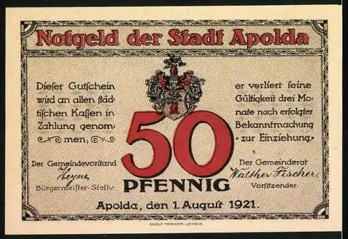 Notgeld Apolda, 1921, 50 Pfennig, Text mit Webstuhl und Stadtwappen