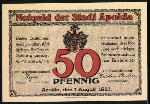 Notgeld Apolda, 1921, 50 Pfennig, Glockengiesserei und Stadtwappen