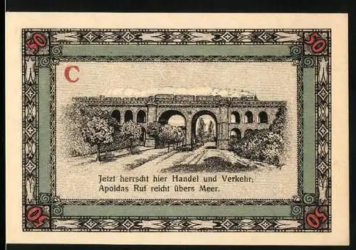 Notgeld Apolda, 1921, 50 Pfennig, Viadukt und Text über Handel und Verkehr