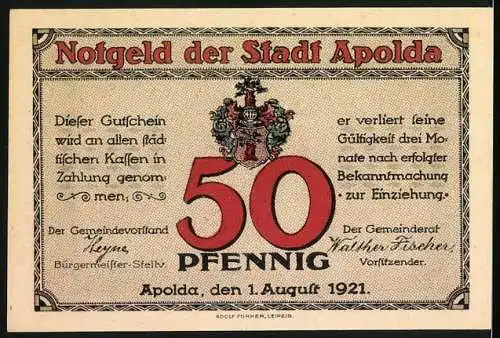 Notgeld Apolda, 1921, 50 Pfennig, Viadukt und Text über Handel und Verkehr