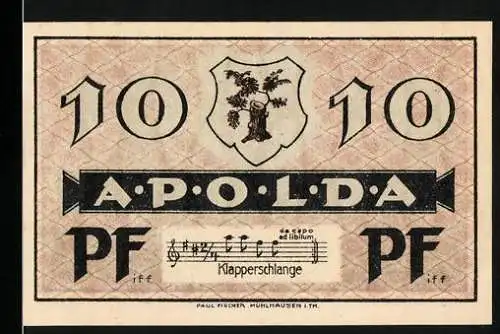 Notgeld Apolda, 1921, 10 Pfennig, Klapperschlange, Musikalische Noten und Stadtwappen