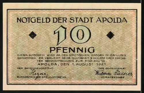 Notgeld Apolda, 1921, 10 Pfennig, Klapperschlange, Musikalische Noten und Stadtwappen