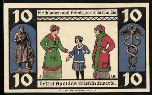 Notgeld Apolda, 1921, 10 Pfennig, Strickjacken und Schals, Apoldas Wirkindustrie und Stadtwappen