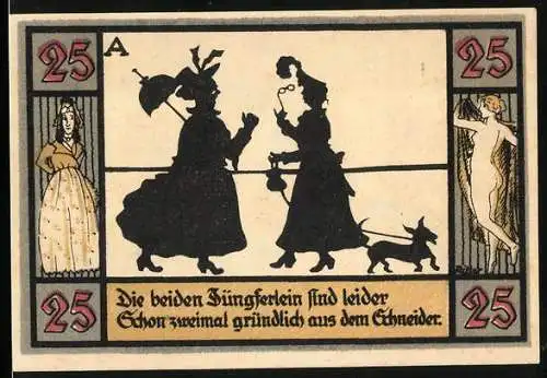 Notgeld Apolda 1921, 25 Pfennig, Silhouetten von zwei Frauen und Hund, Stadtwappen und Signaturen