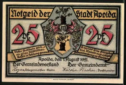 Notgeld Apolda 1921, 25 Pfennig, Silhouetten von zwei Frauen und Hund, Stadtwappen und Signaturen