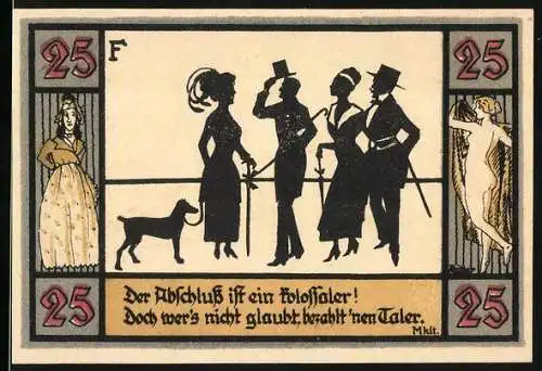 Notgeld Apolda, 1921, 25 Pfennig, Silhouetten von Personen und Hund, Stadtwappen mit Inschriften auf Rückseite