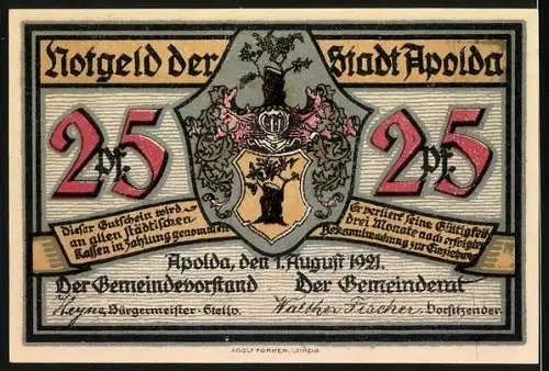 Notgeld Apolda, 1921, 25 Pfennig, Silhouetten von Personen und Hund, Stadtwappen mit Inschriften auf Rückseite