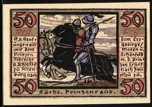 Notgeld Altenburg / S.-A. 1921, 50 Pfennig, Sächsischer Prinzenraub, Stadtwappen und Illustrationen