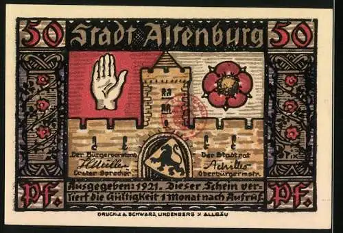 Notgeld Altenburg / S.-A. 1921, 50 Pfennig, Sächsischer Prinzenraub, Stadtwappen und Illustrationen