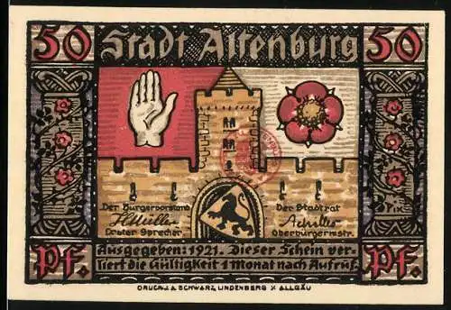 Notgeld Altenburg / S.-A. 1921, 50 Pf, Stadtmauer und Sachs. Prinzenraub, burgund- und goldfarben