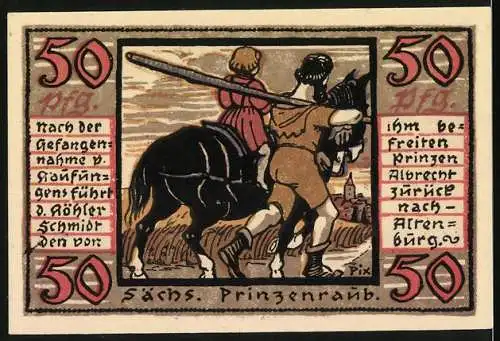 Notgeld Altenburg / S.-A. 1921, 50 Pf, Stadtmauer und Sachs. Prinzenraub, burgund- und goldfarben