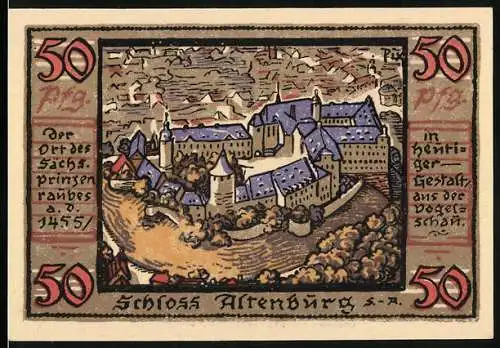 Notgeld Altenburg / S.-A. 1921, 50 Pfennig, Schloss Altenburg und Stadtwappen mit Burg, Hand und Blume