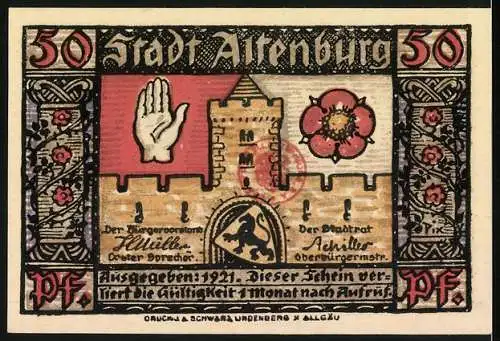 Notgeld Altenburg / S.-A. 1921, 50 Pfennig, Schloss Altenburg und Stadtwappen mit Burg, Hand und Blume