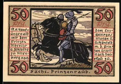 Notgeld Altenburg / S.-A., 1921, 50 Pf, Sächsischer Prinzenraub, Stadtmauer mit Wappen und Blume