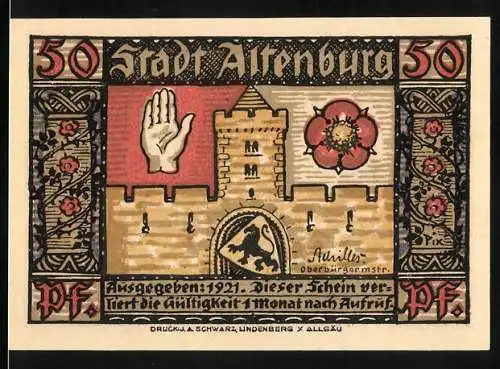 Notgeld Altenburg / S.-A., 1921, 50 Pfennig, Stadtwappen mit Hand und Blume, Szene des Sächsischen Prinzenraubs