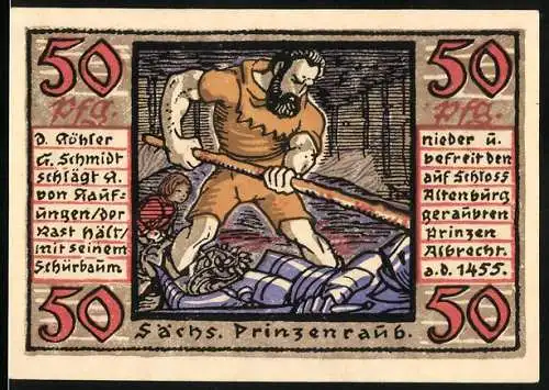 Notgeld Altenburg / S.-A. 1921, 50 Pfennig, Sachsen Prinzenraub Motiv und Stadtwappen