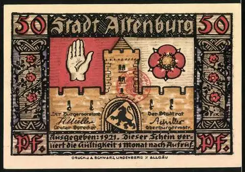 Notgeld Altenburg / S.-A. 1921, 50 Pfennig, Sachsen Prinzenraub Motiv und Stadtwappen