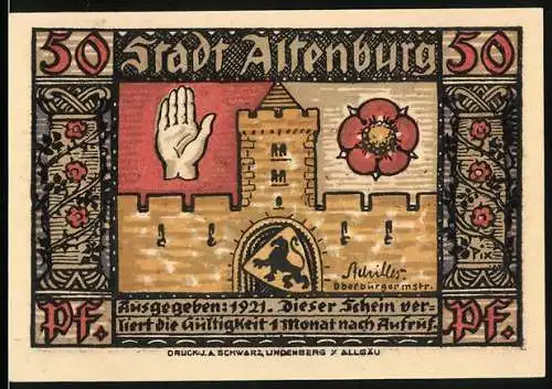 Notgeld Altenburg / S.-A., 1921, 50 Pfennig, Burgmotiv und Sächsischer Prinzenraub