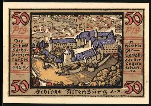 Notgeld Altenburg / S.-A., 1921, 50 Pfennig, Schloss Altenburg und Stadtmauer mit Hand und Blume
