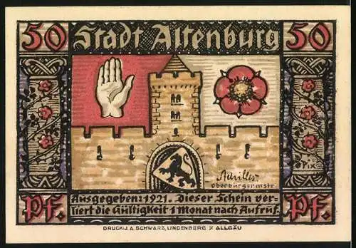 Notgeld Altenburg / S.-A., 1921, 50 Pfennig, Schloss Altenburg und Stadtmauer mit Hand und Blume