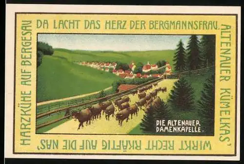 Notgeld Altenau / Harz 1921, 75 Pfennig, Harzkühe, Musikgruppe und Skifahrer