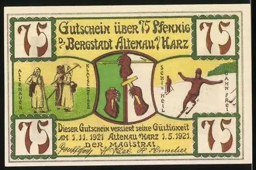 Notgeld Altenau / Harz 1921, 75 Pfennig, Harzkühe, Musikgruppe und Skifahrer