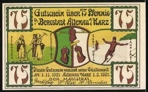 Notgeld Altenau / Harz 1921, 75 Pfennig, Blick vom Rothenberg und Bergstadt-Szene