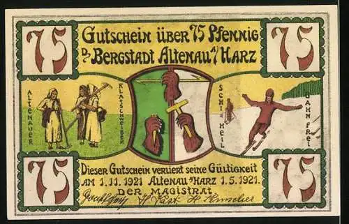 Notgeld Altenau / Harz 1921, 75 Pfennig, Bergstadt Altenau im Harz, Nabenthaler Wasserfall, Ski Heil