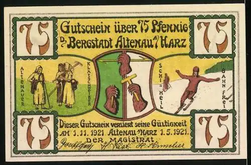 Notgeld Altenau / Harz 1921, 75 Pfennig, Winterfreuden und Bergstadtansichten