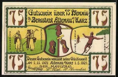 Notgeld Altenau / Harz, 1921, 75 Pfennig, Hüttenteich bei Altenau und Bergstadt Altenau (Oberharz)