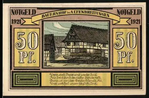 Notgeld Altenbreitungen 1921, 50 Pf, Bauernhof, Arbeiter in der Landwirtschaft, Tabakanbau, Metallindustrie