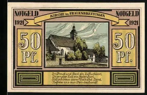 Notgeld Frauenbreitungen 1921, 50 Pf, Kirche Frauenbreitungen und Landwirtschaft, Tabakbau, Metallindustrie