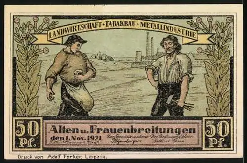 Notgeld Frauenbreitungen 1921, 50 Pf, Kirche Frauenbreitungen und Landwirtschaft, Tabakbau, Metallindustrie