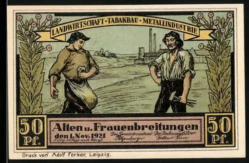 Notgeld Altenbreitungen 1921, 50 Pf, Landwirtschaft-Tabakbau-Metallindustrie und Kapelle in Altenbreitungen
