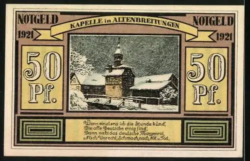 Notgeld Altenbreitungen 1921, 50 Pf, Landwirtschaft-Tabakbau-Metallindustrie und Kapelle in Altenbreitungen