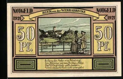 Notgeld Altenbreitungen 1921, 50 Pf, Blick von der Werrabrücke und landwirtschaftliche Szene