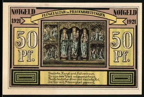 Notgeld Frauenbreitungen 1921, 50 Pf, Flügelaltar und Landwirtschaftsszene