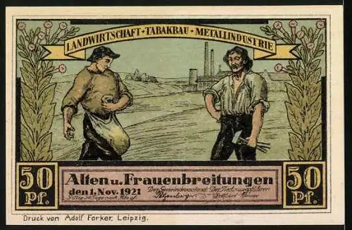 Notgeld Frauenbreitungen 1921, 50 Pf, Flügelaltar und Landwirtschaftsszene