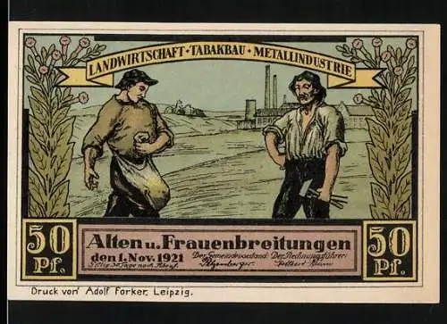 Notgeld Frauenbreitungen 1921, 50 Pf, Landwirtschaft Tabakbau Metallindustrie und Bauernhof