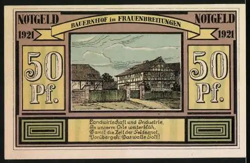 Notgeld Frauenbreitungen 1921, 50 Pf, Landwirtschaft Tabakbau Metallindustrie und Bauernhof