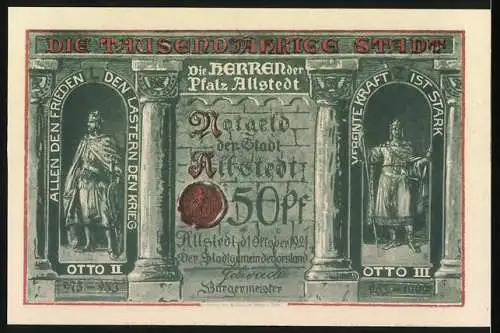 Notgeld Allstedt, 1921, 50 Pfennig, historische Gebäude und Herrscherabbildungen