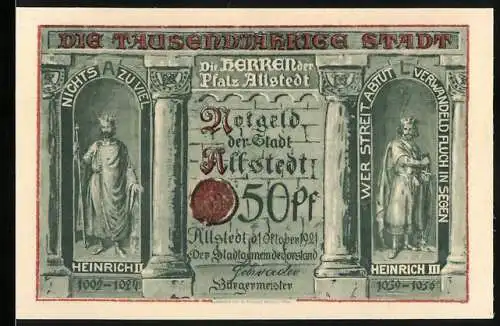 Notgeld Allstedt, 1921, 50 Pfennig, die Herren der Pfalz Allstedt, Schloss Allstedt